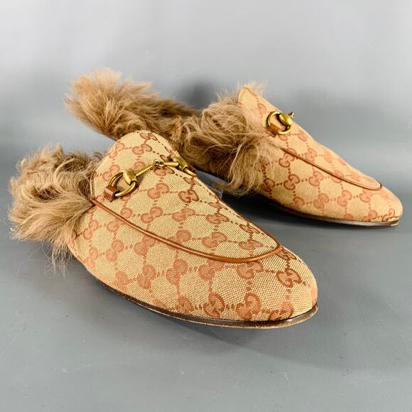 GUCCI Size 11.5 Guccissima Beige Rust Monogram Canvas Slip-On Loafers - Picture 1 of 8